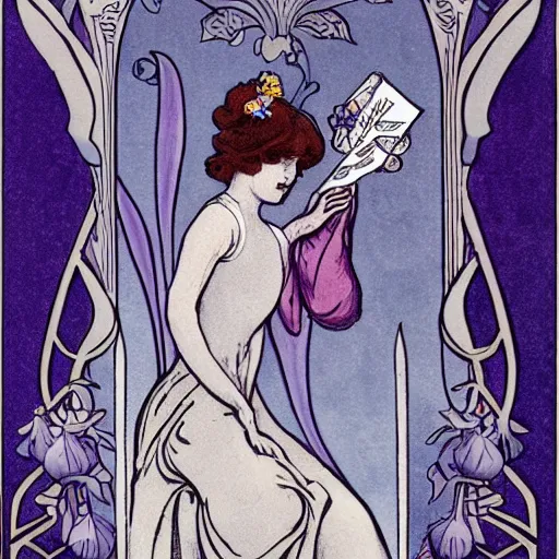 Prompt: art nouveau style illustration of a hyacinth fairy delivering a letter to a snail