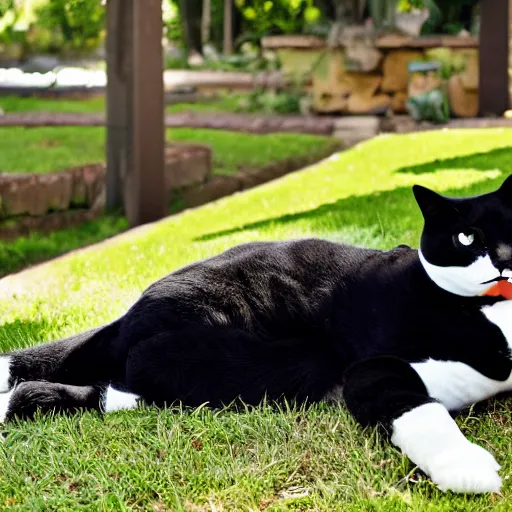Prompt: a fat tuxedo cat splayed out in a sunbeam