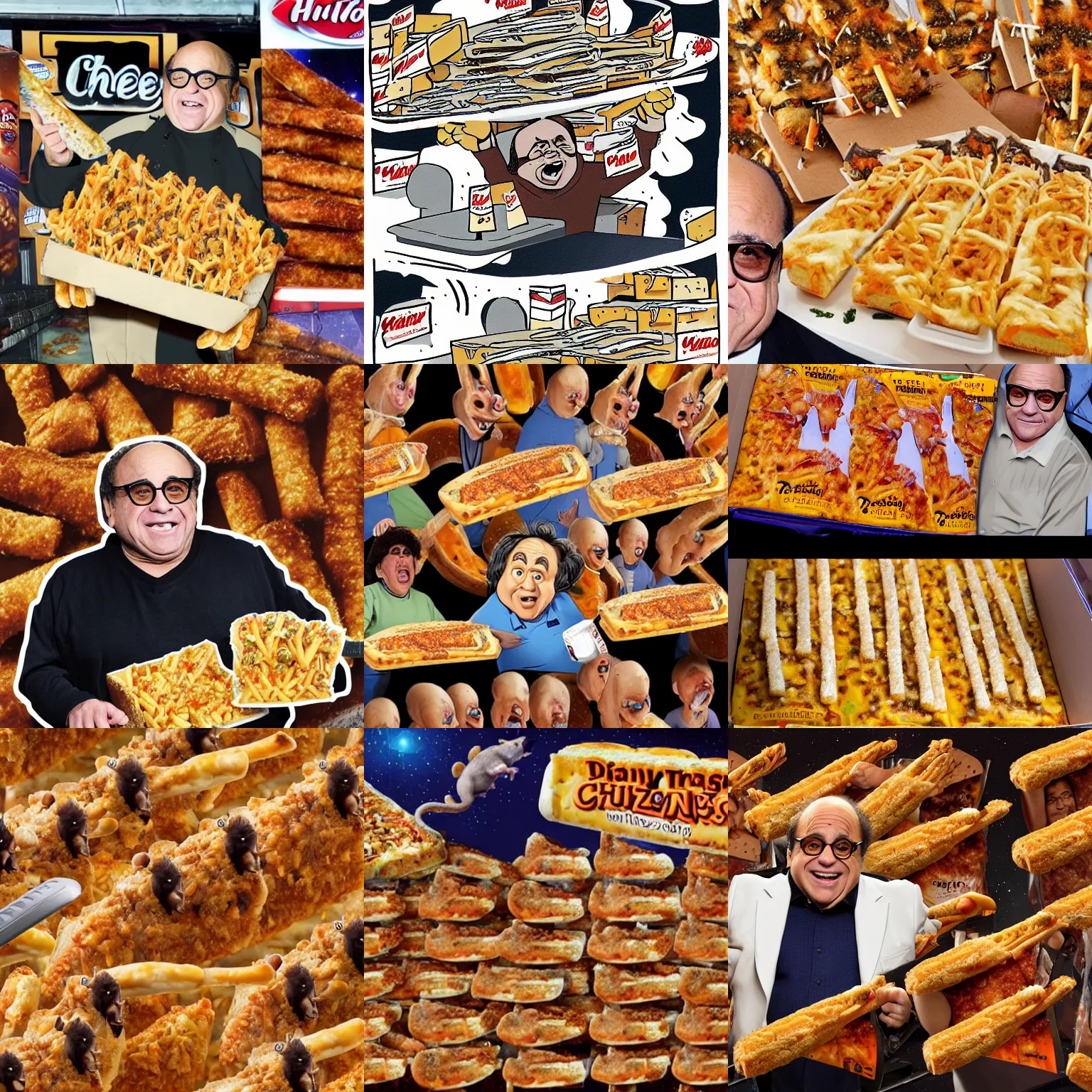 Prompt: Danny DeVito as a swarm of cheesy rats with cheesy bread stick tails in a multitude of boxes of cheesy bread stick rats being served by a rat waiter to a family at an intergalactic Pizza Hut on the outside of a space station