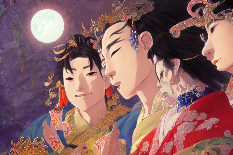 Image similar to close up moment of a divine a japan sun god and a moon goddess lovers magician at a wedding banquet, highly detailed, genshin, fantasy, 4 k realistic, digital painting, trending on artstation, concept art, sharp focus, illustration, art by makoto shinkai and akihiko yoshida and daniel gerhartz