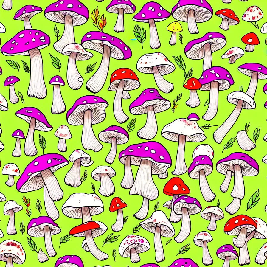 Image similar to plethora of mushroom characters and mycelium, vivid natural color hues and natural surroundings, colorful painted patterns and motifs on mushrooms, seamless fabric pattern 8K, highly detailed.