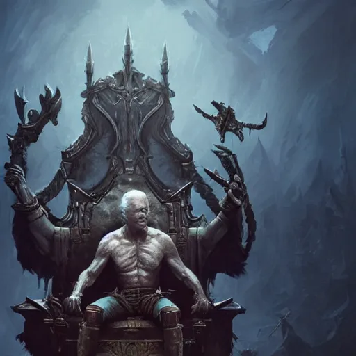 Image similar to joe biden atop a throne of skulls, fantasy, highly detailed, digital painting, artstation, cigarette, concept art, sharp focus, illustration, octane render, art by artgerm and greg rutkowski and magali villeneuve, dark color scheme