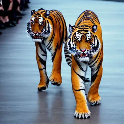 Image similar to tigers wearing designer clothes posing on a catwalk, cinematic, 8 k, hyperrealistic details