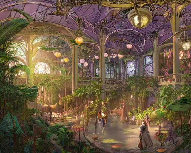 Prompt: Matte painting of the interior view of giant botanical museum. ArtNouveau architecture. Colorful birds flying. Exotic plants. Magical lanterns and chandeliers. Witches and wizards studying and walking. Fantastical, detailed digital art trending in artstation