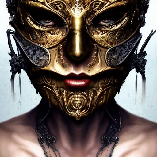 Image similar to Very very very very highly detailed epic photo of face with venetian mask, intricate, dystopian, sci-fi, extremely detailed, digital painting, artstation, concept art, smooth, sharp focus, illustration, intimidating lighting, incredible art by Artgerm and Anton Pieck