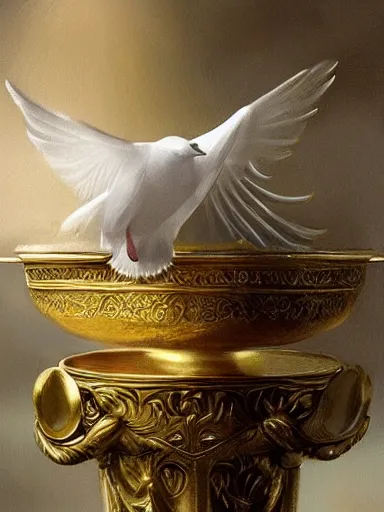 Prompt: a white dove holding a catholic host inthe beak. a golden cup water fountain. intricate, elegant, highly detailed, digital painting, artstation, concept art, sharp focus, illustration, by justin gerard and artgerm, 8 k