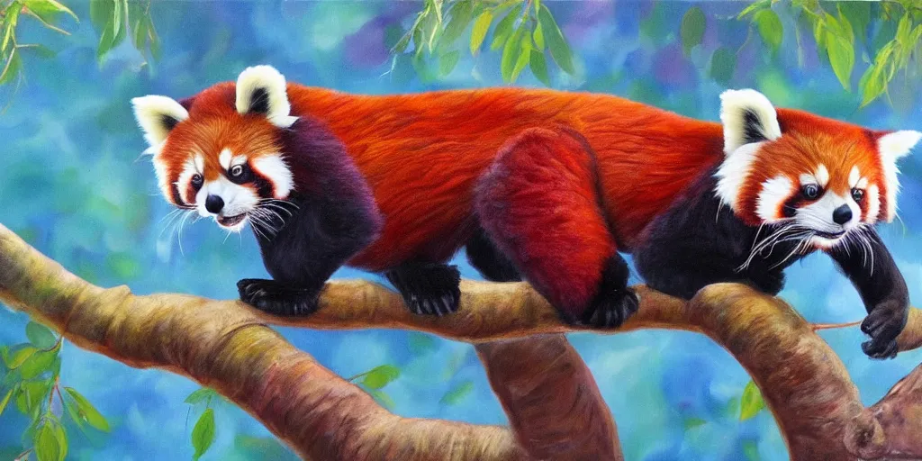 Image similar to a red panda with rainbow colored fur sitting in a tree, realistic painting