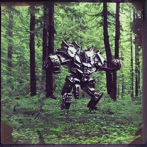 Prompt: polaroid photo of a unicron! in a forest in the 1 9 6 0 s