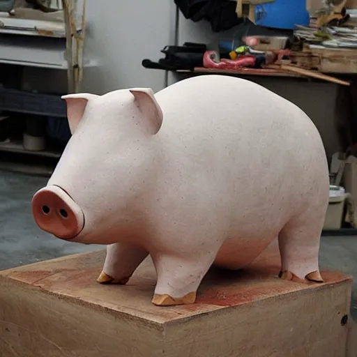 Prompt: “ a pig sculpture work in progress in an artist ’ s studio, mixed materials ”