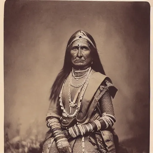 Prompt: vintage photo of an indian queen by edward s curtis, photo journalism, photography, cinematic, national geographic photoshoot