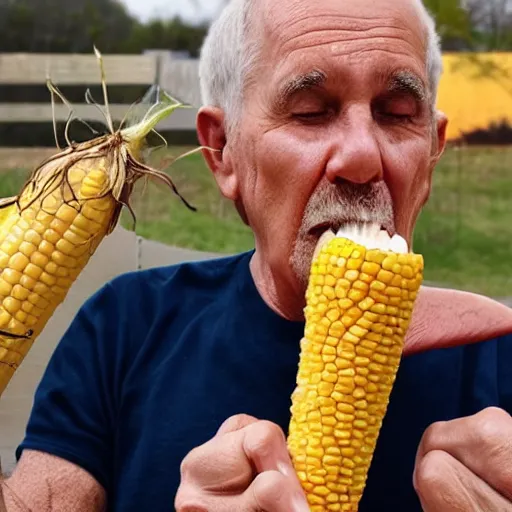 Prompt: old man eating an oddly shaped corn dog