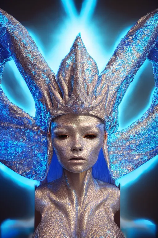 Image similar to hyper detailed ultra sharp portrait of baroque and bladerunner delicate neon diamond sculpture of seductive albino pharaoh, diamond blue sphinx iridescent humanoid deity wearing metallic hoody made out of hands holding the sun prismatic dungeon, glowing blue face, crown of white diamonds, cinematic lighting, photorealistic, octane render 8 k depth of field 3 d