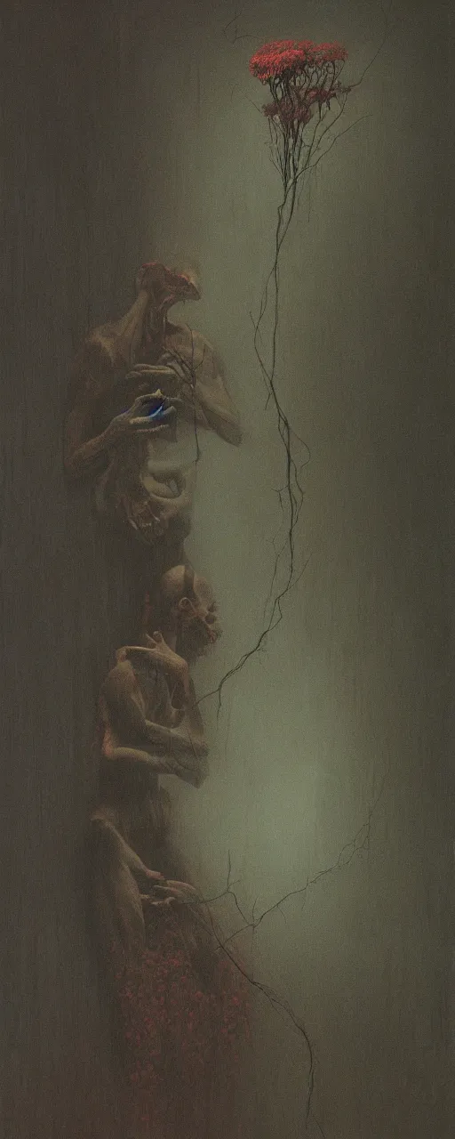 Prompt: dark figure tending to a dried flower in a dark room, zdzislaw beksinski, stephen gamell, 8 k, artstation