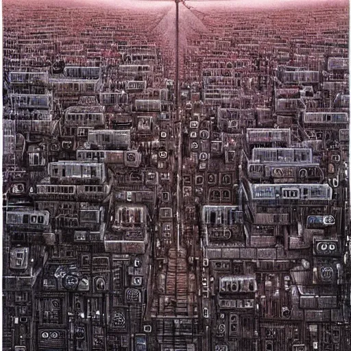 Prompt: city made of electronics by hr giger and zdzislaw beksinski