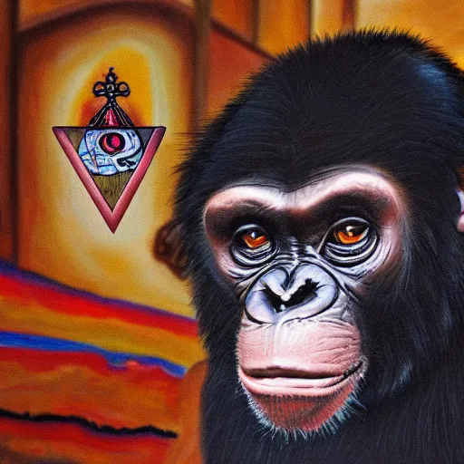 Image similar to portre of an autistic demonic chimpanzee on acid, masonic and kabalistic symbols in background, oil painting