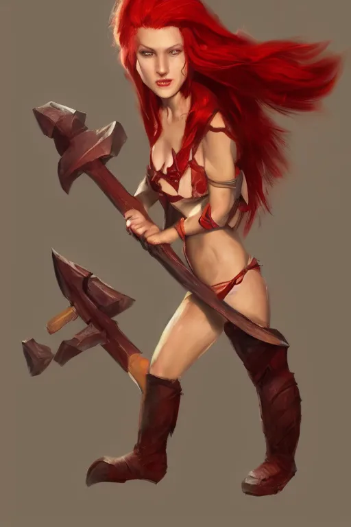 Prompt: a woman with red hair holding two large axes, concept art by senior character artist, artstation contest winner, fantasy art, concept art, artstation hd, 2 d game art