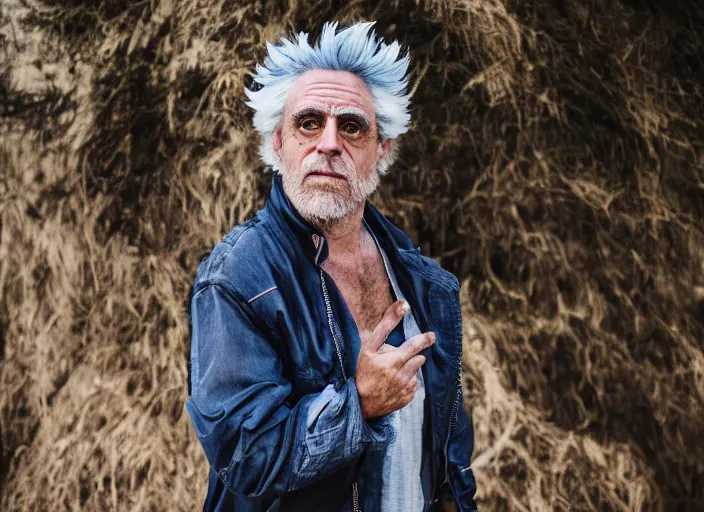 Image similar to portrait photo still of real life rick sanchez, 8 k, 8 5 mm, f. 1 4