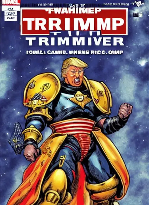 Prompt: comic book cover of donald trump as a space marine from warhammer 4 k, big crowd people are happy and cheering