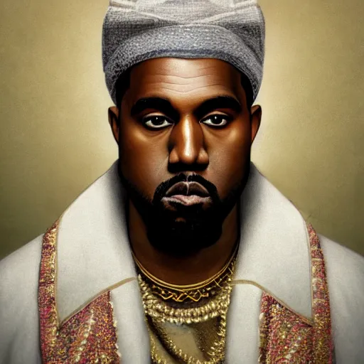 Image similar to portrait of kanye west dressed in traditional jewish outfit, religious, intricate, headshot, highly detailed, digital painting, artstation, concept art, sharp focus, illustration, art by artgerm and greg rutkowski and alphonse mucha