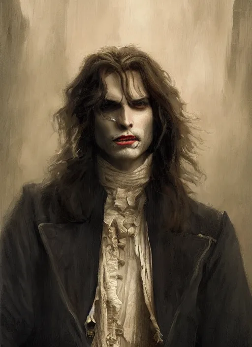 Image similar to portrait painting of the vampire lestat, paris! floating, muscular male, long hair! long coat, elegant rugged handsome unreal render cinematic lighting art 1 8 9 0 period drama by bussiere rutkowski andreas rocha