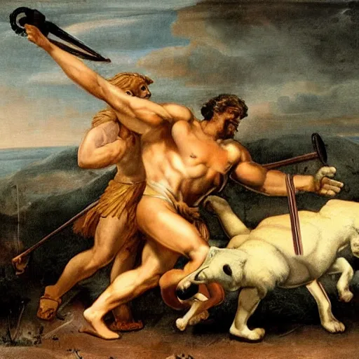 Prompt: hercules fighting a lion.