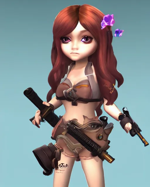 Prompt: katelynn mini cute style, highly detailed, rendered, ray - tracing, cgi animated, 3 d demo reel avatar, style of maple story, maple story gun girl, katelynn from league of legends chibi, perfect eyes, realistic eyes