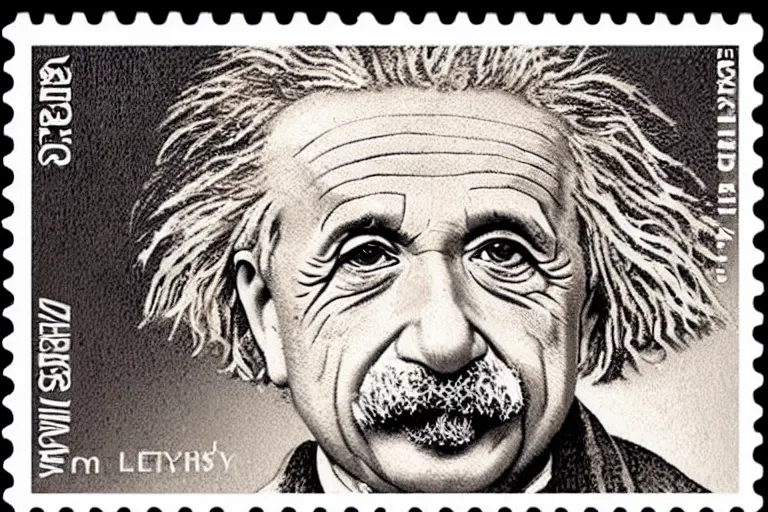 Prompt: engraved postage stamp of albert einstein with theory of relativity, detailed!!! color engraving in the style of a postage stamp, fine!!! lines