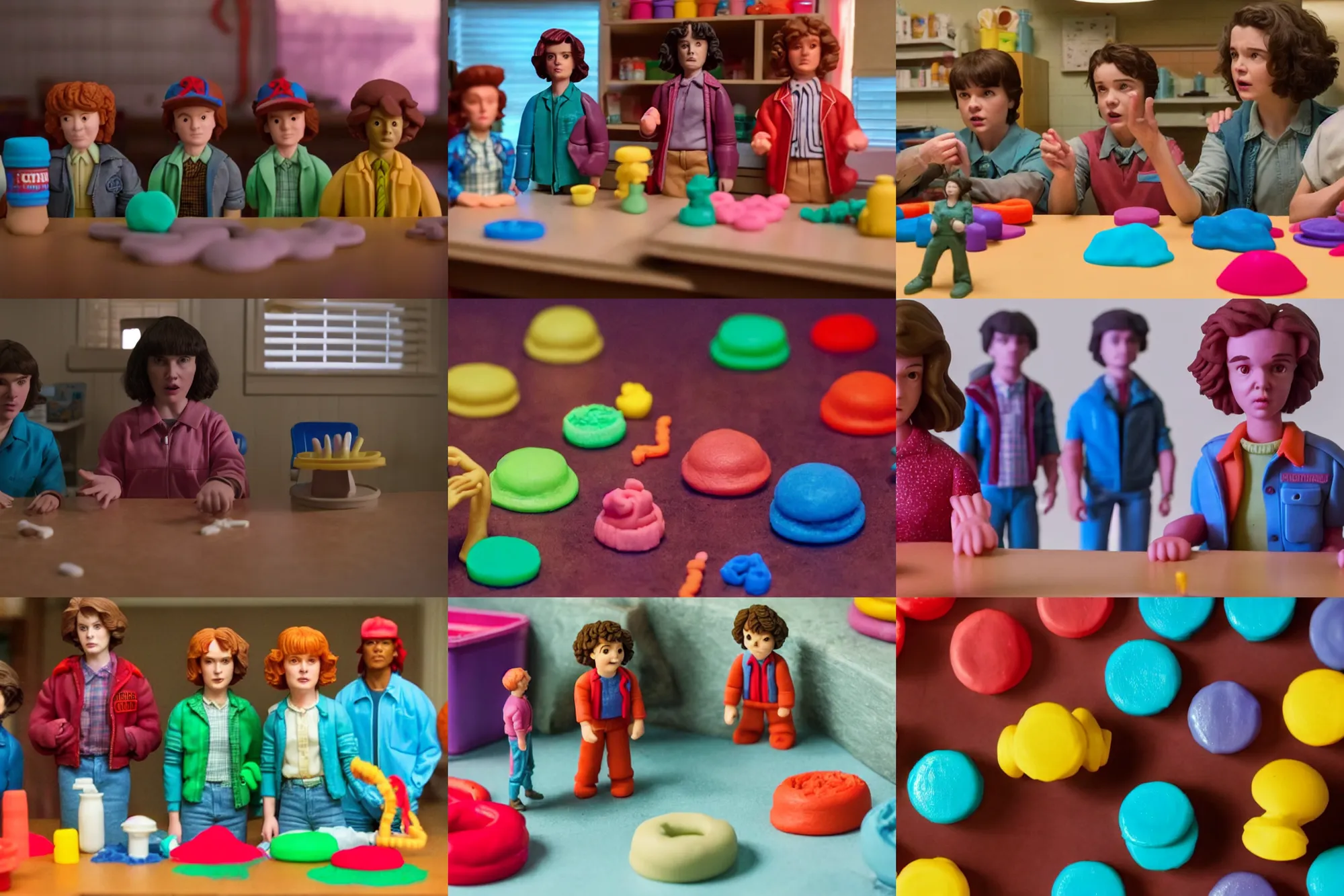 Prompt: a still scene from stranger things made of play - doh. high quality, good light,