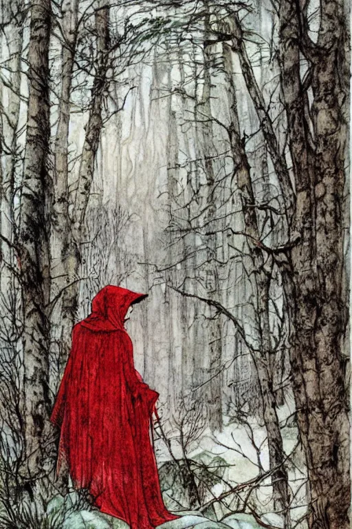 Image similar to red riding hood lost in a winter forest, art by luis royo and walter crane and kay nielsen, watercolor illustration,
