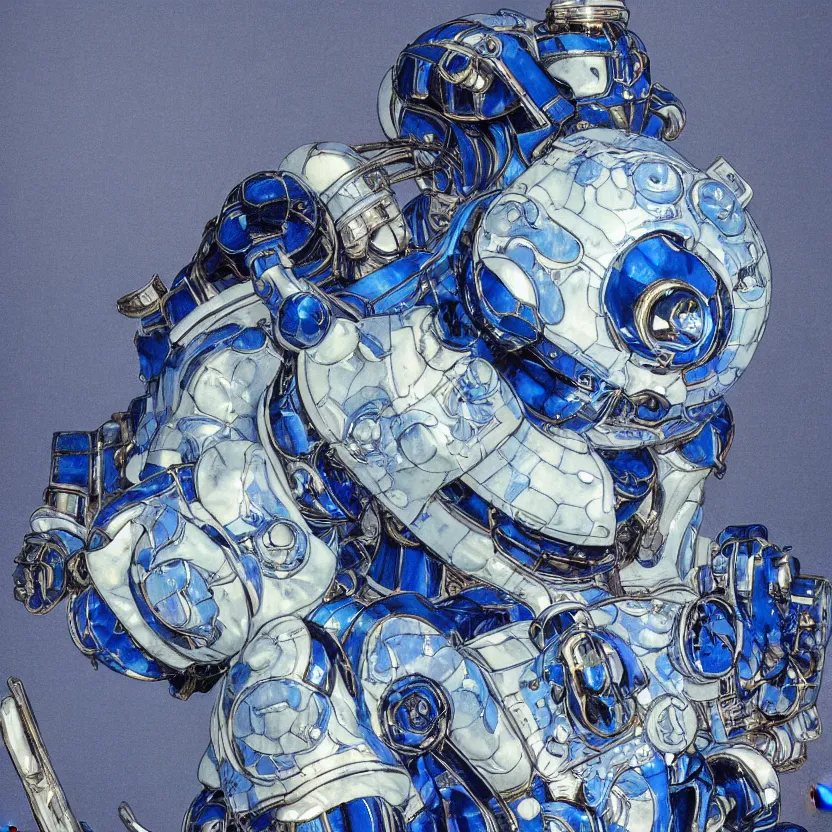 Image similar to a close - up portrait of an ornate blue and white porcelain mecha made out of white vitrified translucent ceramic ; china. reflective detailed textures. gloomy black background. highly detailed fantasy science fiction painting by moebius, norman rockwell, frank frazetta, and syd mead. rich colors, high contrast. artstation