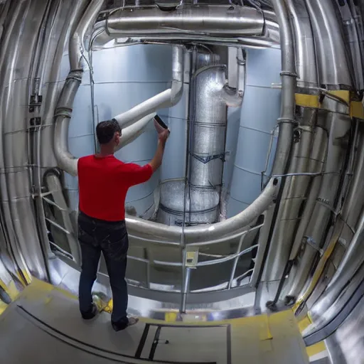 Prompt: a man taking a selfie inside of a nuclear reactor water waste system, super realistic, highly detailed :