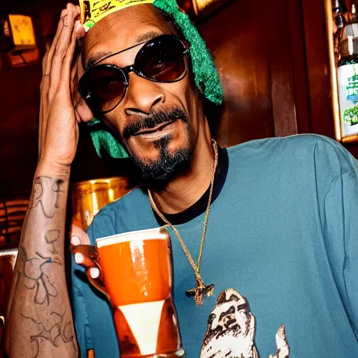 Image similar to snoop dogg at trader vic's bar holding a tiki mug with his face on it