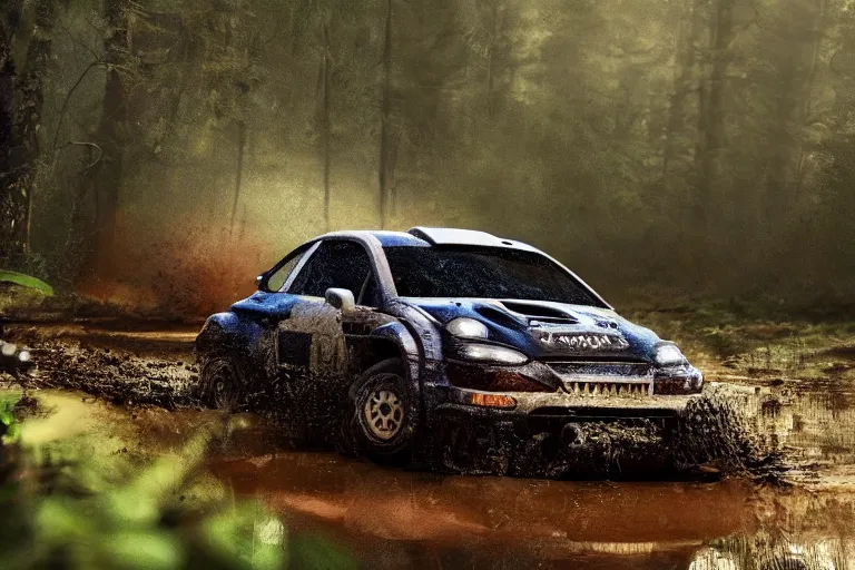 Image similar to a rally car splashing thru a mud puddle in a forest. Digital art, extremely detailed, artstation, motion blur, mist