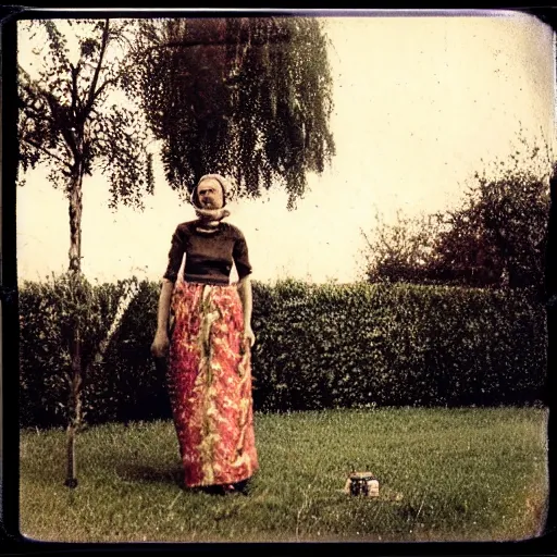 Image similar to woman at lawn, polaroid photography in style of andrey tarkovski, mystical, faith, sense of paranormal