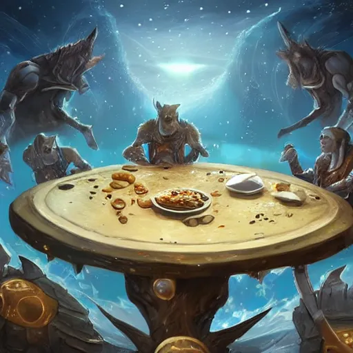 Prompt: zoom out, ultrarealistic, ultradetailed, war donkey eating breakfast, sitting on a futuristic table with aliens, at the end of the universe, very very very ultradetailed, epic fantasy style art, fantasy epic digital art, epic fantasy art, hearthstone style art, pathfinder, dungeons and dragons, floral, planets, stars, galaxies, highlights, organic, concept art