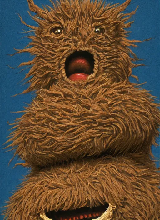 Image similar to portrait of Cookie Monster in The Thing (1982), highly detailed, centered, solid color background, digital painting, artstation, concept art, smooth, sharp focus, illustration, artgerm, donato giancola, Joseph Christian Leyendecker, Les Edwards, Ed Repka, WLOP, Artgerm