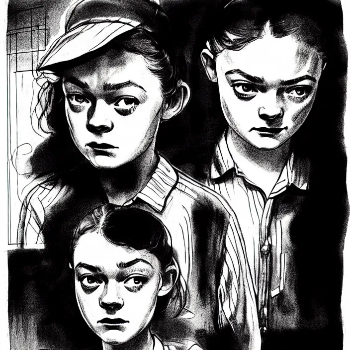 Prompt: [ sadie sink in dirty workmen clothes comes in ] [ a very dark dingy 1 9 6 0 s house ]. technique : black and white pencil and ink. by gabriel hardman, joe alves, chris bonura. cinematic atmosphere, detailed and intricate, perfect anatomy