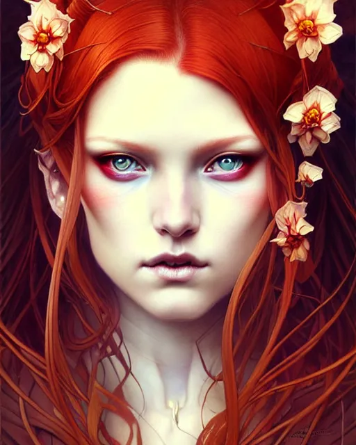 Image similar to Beautiful, evil and playful ethereal ginger portrait, art nouveau, fantasy, intricate flower designs, elegant, highly detailed, sharp focus, art by Artgerm and Greg Rutkowski and WLOP