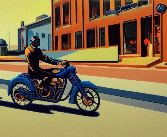 Prompt: a very detailed painting of a alien wearing a suit, riding a motorbike down a street, harley davidson motorbike, worm's - eye view, very fine brush strokes, very aesthetic, very futuristic, in the style of edward hopper and grant wood and syd mead, 4 k,