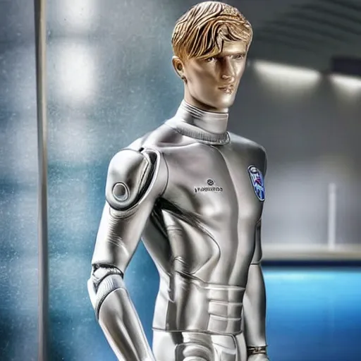 Image similar to a realistic detailed photo of a guy who is an attractive humanoid who is half robot and half humanoid, who is a male android, soccer player martin ødegaard, shiny skin, posing like a statue, blank stare, by the pool, on display, showing off his muscles, humanoid robot, frozen ice statue