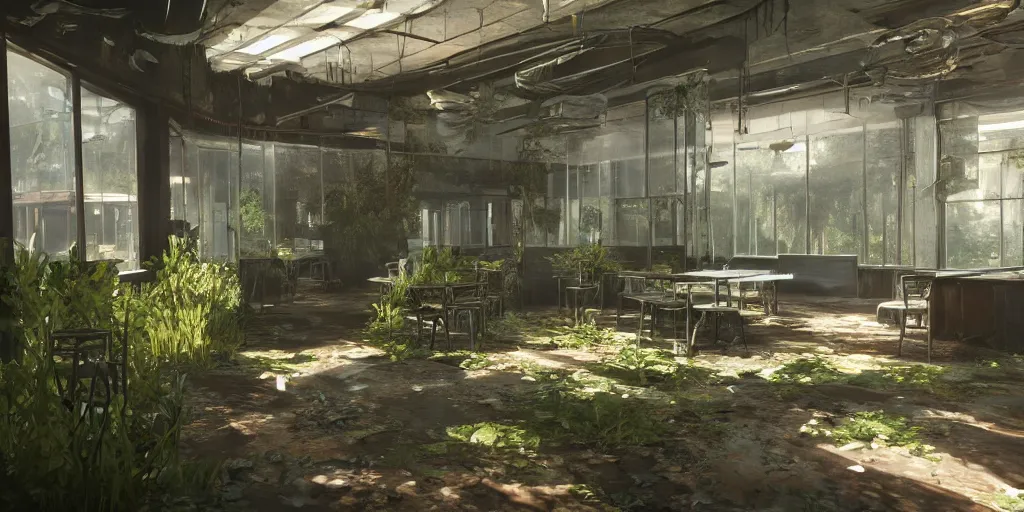 Image similar to interior, abandoned diner, photorealistic, vegetation, overgrowth, cinematic lighting, global illumination, unreal engine 5, screenshot from the last of us part 2