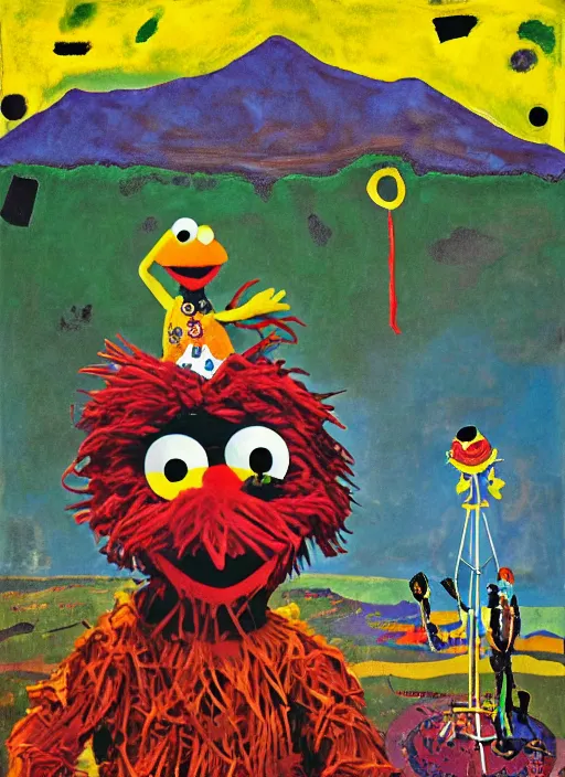 Image similar to expressionistic decollage painting, trash can tarot card fool with sesame street elmo and kermit muppet knight on a horse in a dark red cloudy night sky with golden foil jewish stars, mountain lake and blossoming field in background painted by adrian ghenie, francis bacon, daniel richter and hilma af klint, pixel art, buff painting, color field painting, low effort graffiti, rich deep colors, ultra naive, children painting, cy twombly painting, part by Philip Guston and Frank Stella art by Rothko, 8k, extreme detail, intricate detail, masterpiece