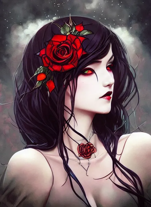 Prompt: beautiful woman vampire with fangs splash art wearing a dress made stained glass in the design of a rose. masterpiece by artgerm and greg rutkowski and ilya kuvshinov paul lerh