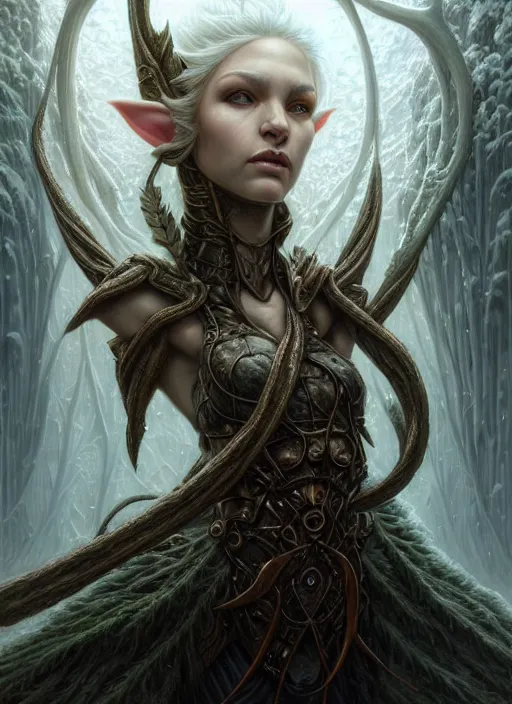 Prompt: portrait shot of a snow elf in a scenic dystopian environment, intricate, elegant, highly detailed, centered, digital painting, artstation, concept art, smooth, sharp focus, illustration, artgerm, tomasz alen kopera, peter mohrbacher, donato giancola, joseph christian leyendecker, wlop, boris vallejo