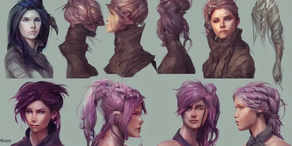 Image similar to concept art of rugged irish female netrunner d & d video game characters head designs, unique hair designs, by marc brunet and artgerm