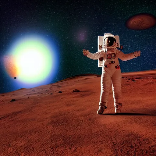 Image similar to A wide angle shot from below of a female astronaut with a feminine body walking with swagger towards camera on mars in an infinite universe , synthwave digital art