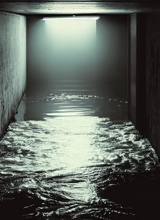 Image similar to river water rushing through an open door, a single fluorescent tube, in the style of the Dutch masters and Gregory Crewdson, dark and moody