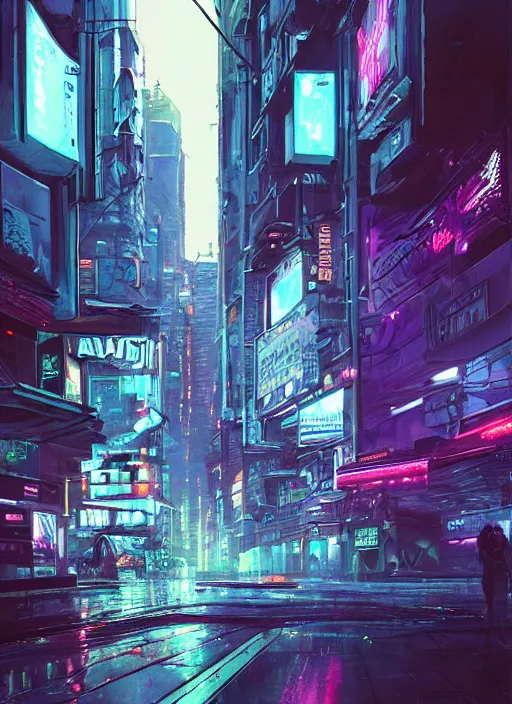 Prompt: sci-fi cyberpunk city street, billboards, neon holograms, neon signs, rainy night, dramatic lighting, cinematic, establishing shot, extremely high detail, foto realistic, cinematic lighting, pen and ink, intricate line drawings, post processed, concept art, artstation, matte painting, style by Raphael Lacoste, Eddie Mendoza , Sebastian Lüdke