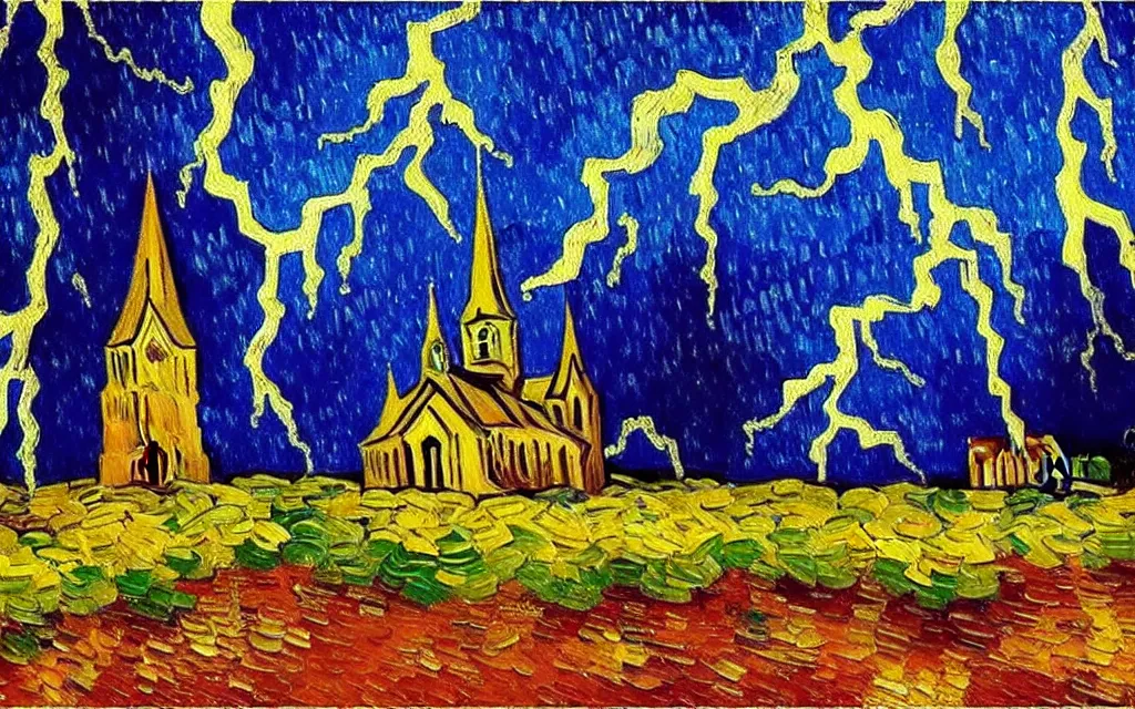 Image similar to expressionist oil painting by van gogh of lightning storm over a tall gothic church, landscape painting, expressionism, 8 k resolution detailed art, small brushstrokes, watercolor palette