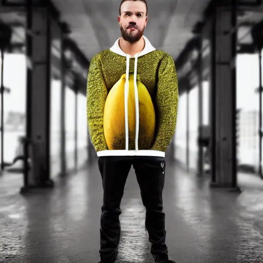 Image similar to a hoodie made from bananas, realistic photo, advertising photography